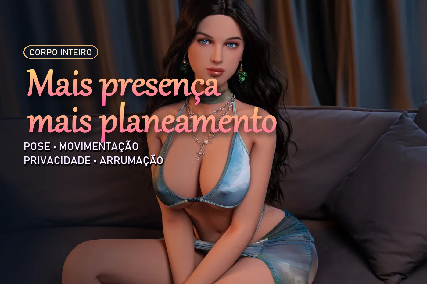 Boneca sexual adulta de corpo inteiro num guia sobre pose e armazenamento