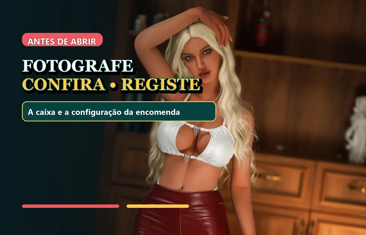 Boneca adulta artificial vestida com a indicação para fotografar, conferir e registar a encomenda
