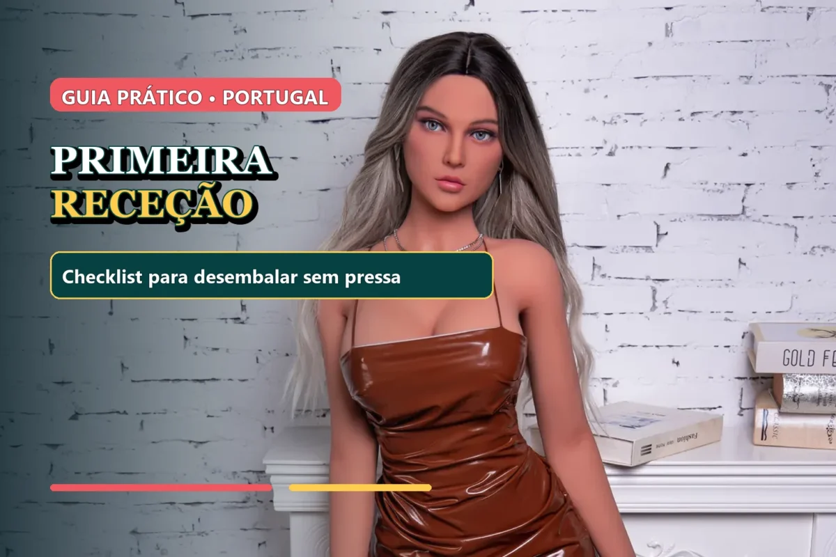 Boneca adulta artificial vestida, guia português para a primeira receção e desembalamento