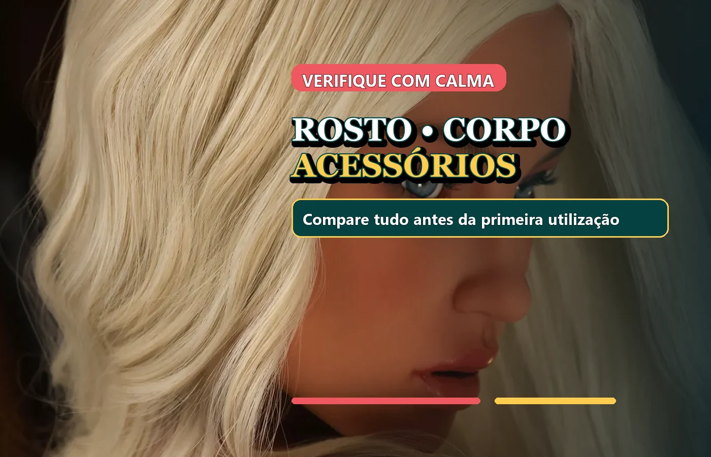 Rosto de boneca adulta artificial com indicação para verificar rosto, corpo e acessórios